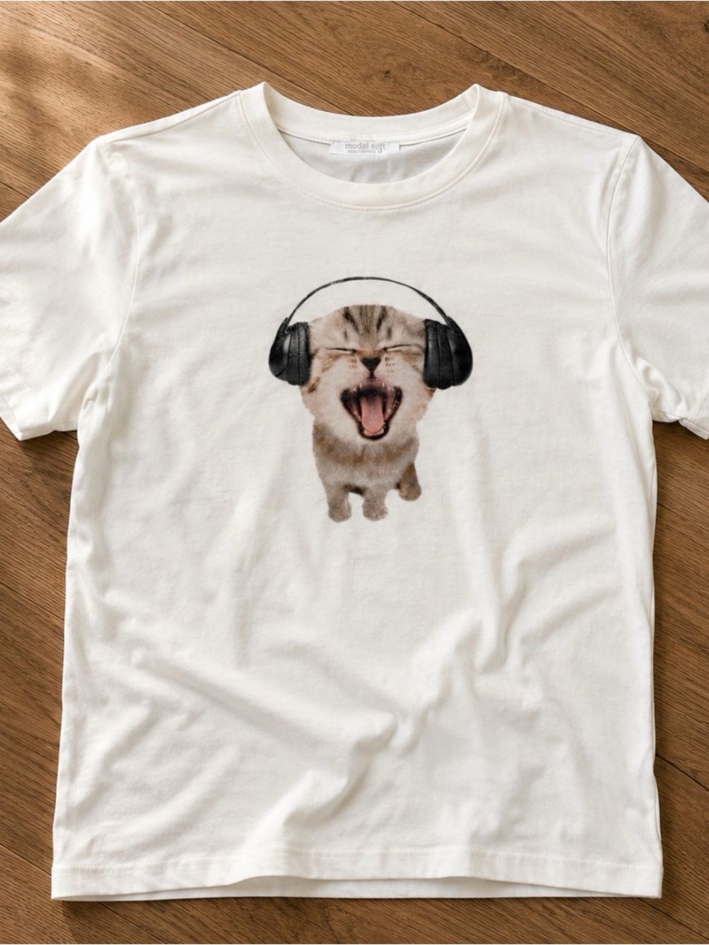 Gildan White Tee with Black-Headphone Yawning Kitten